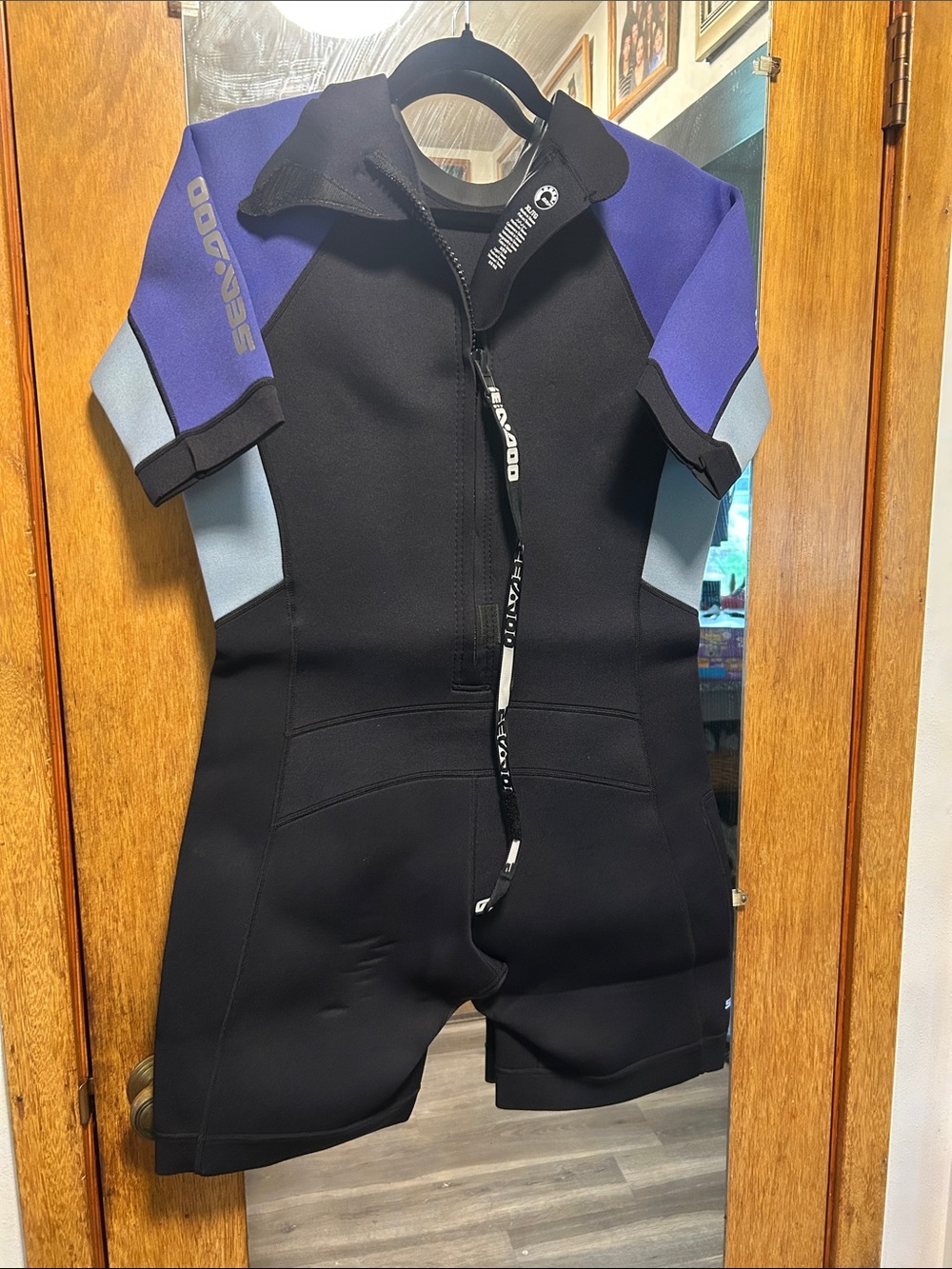 Women’s Short Sleeve Neoprene Wetsuit - Black with Purple & Light Blue
